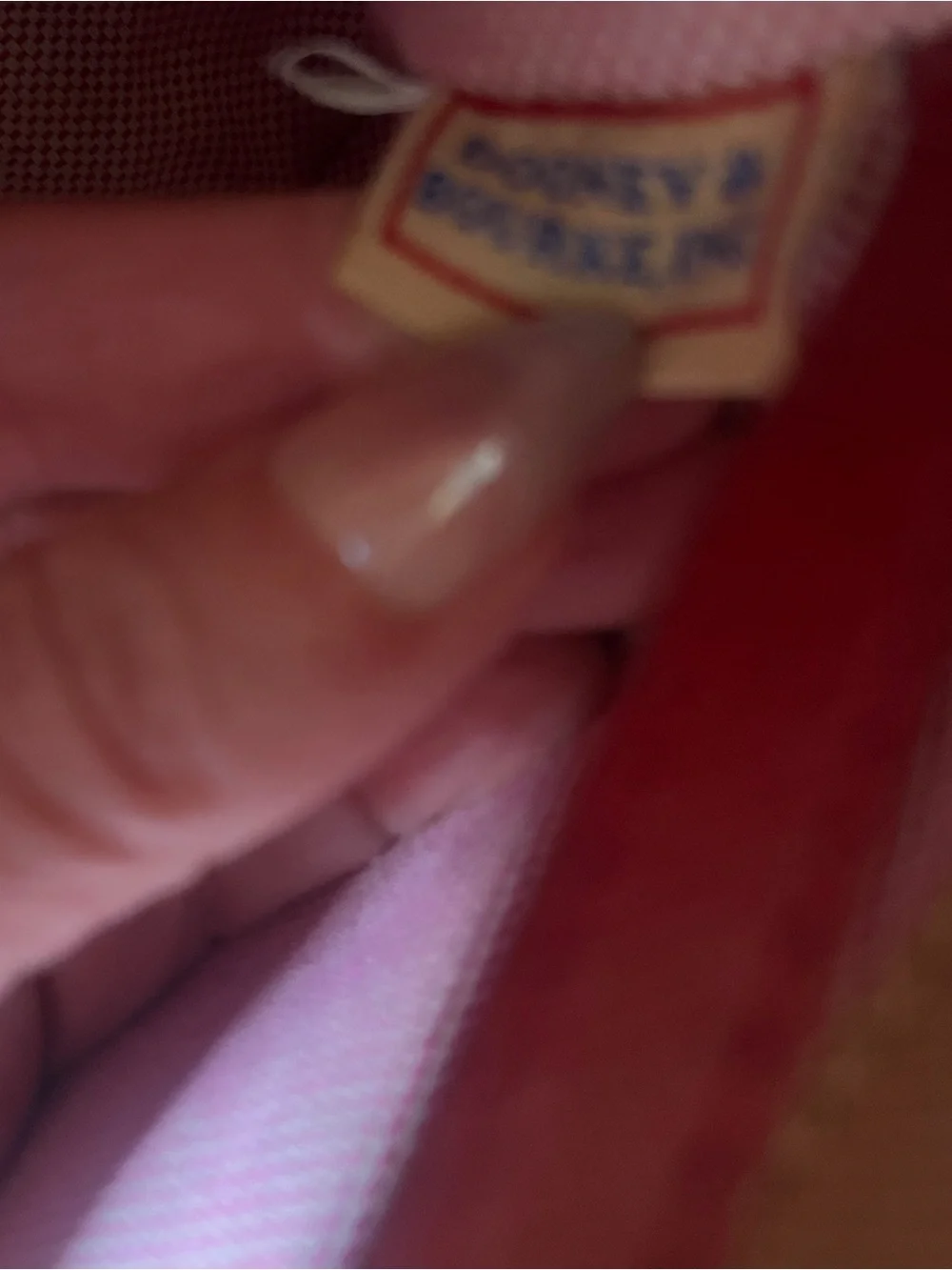 Dooney & Bourke Tan Monogram Canvas Satchel with Red Leather Trim Silver Lock.